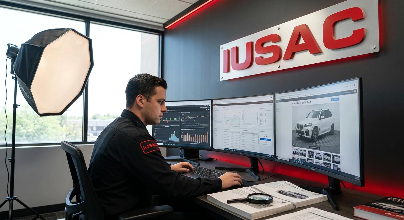 Analityk IUSAC weryfikujący historię BMW X5 G05 z USA na wielu monitorach w nowoczesnym biurze