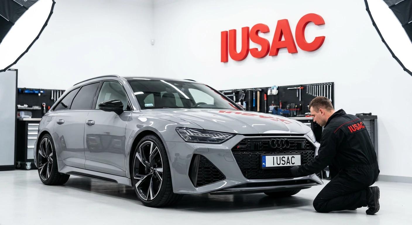 Technik IUSAC przeprowadzający inspekcję strukturalną Audi RS6 Avant w profesjonalnym warsztacie