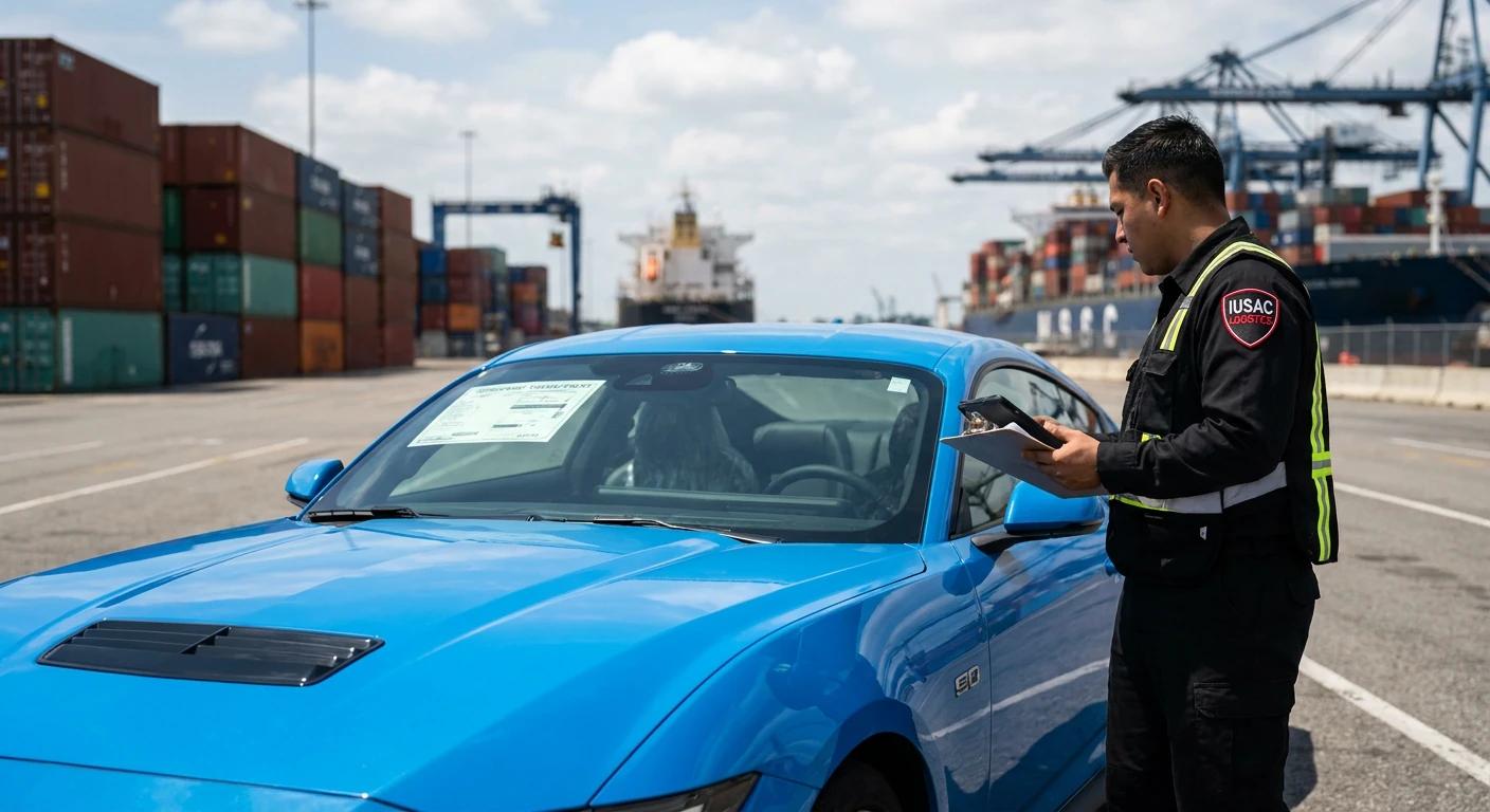 Specjalista logistyki IUSAC nadzorujący bezpieczny załadunek Forda Mustanga S650 w amerykańskim porcie