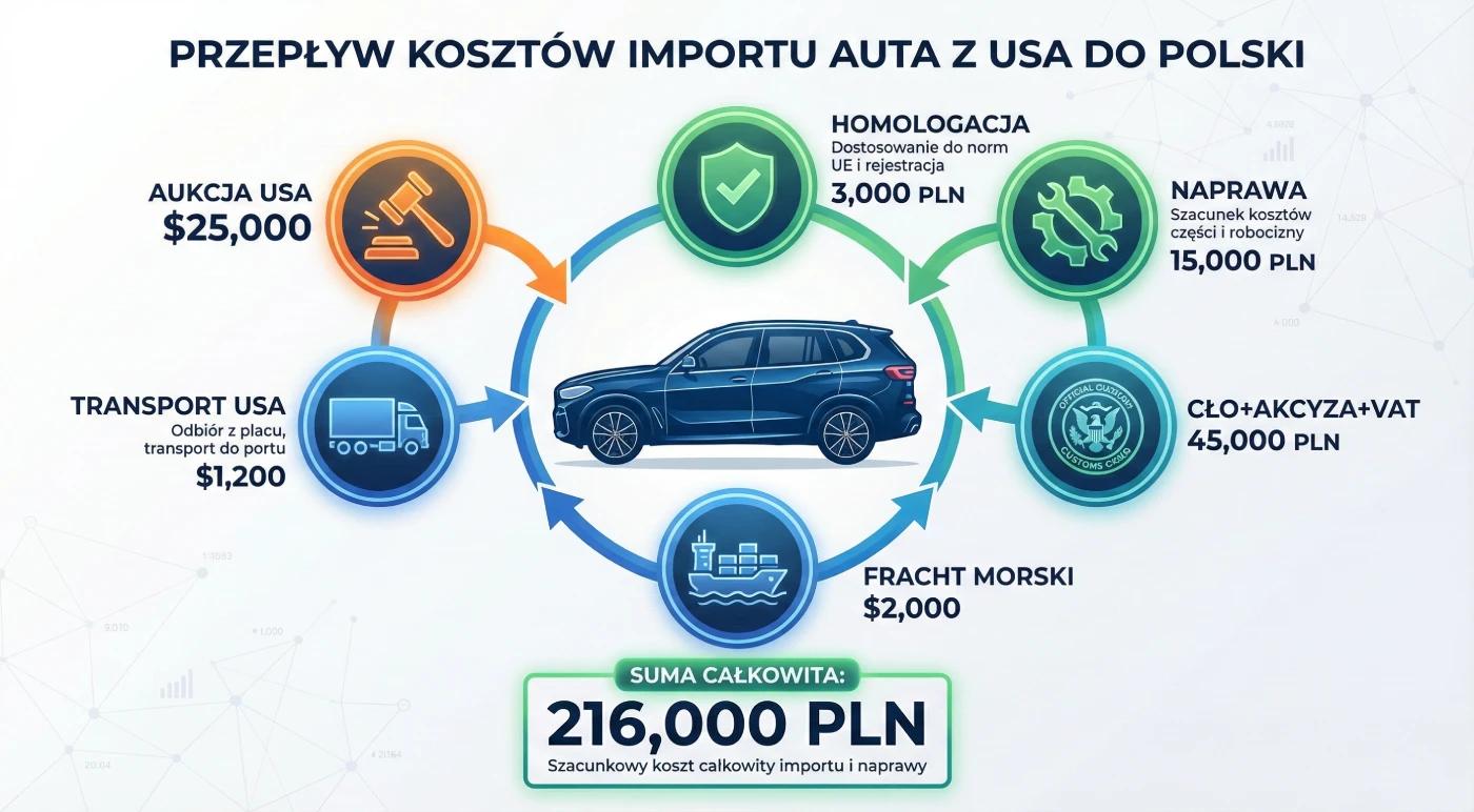 Infografika przedstawiająca etapy i koszty importu samochodu z USA do Polski: aukcja, transport, podatki celne, naprawa i homologacja z ikoną BMW X5 w centrum i kwotą końcową 216 000 PLN