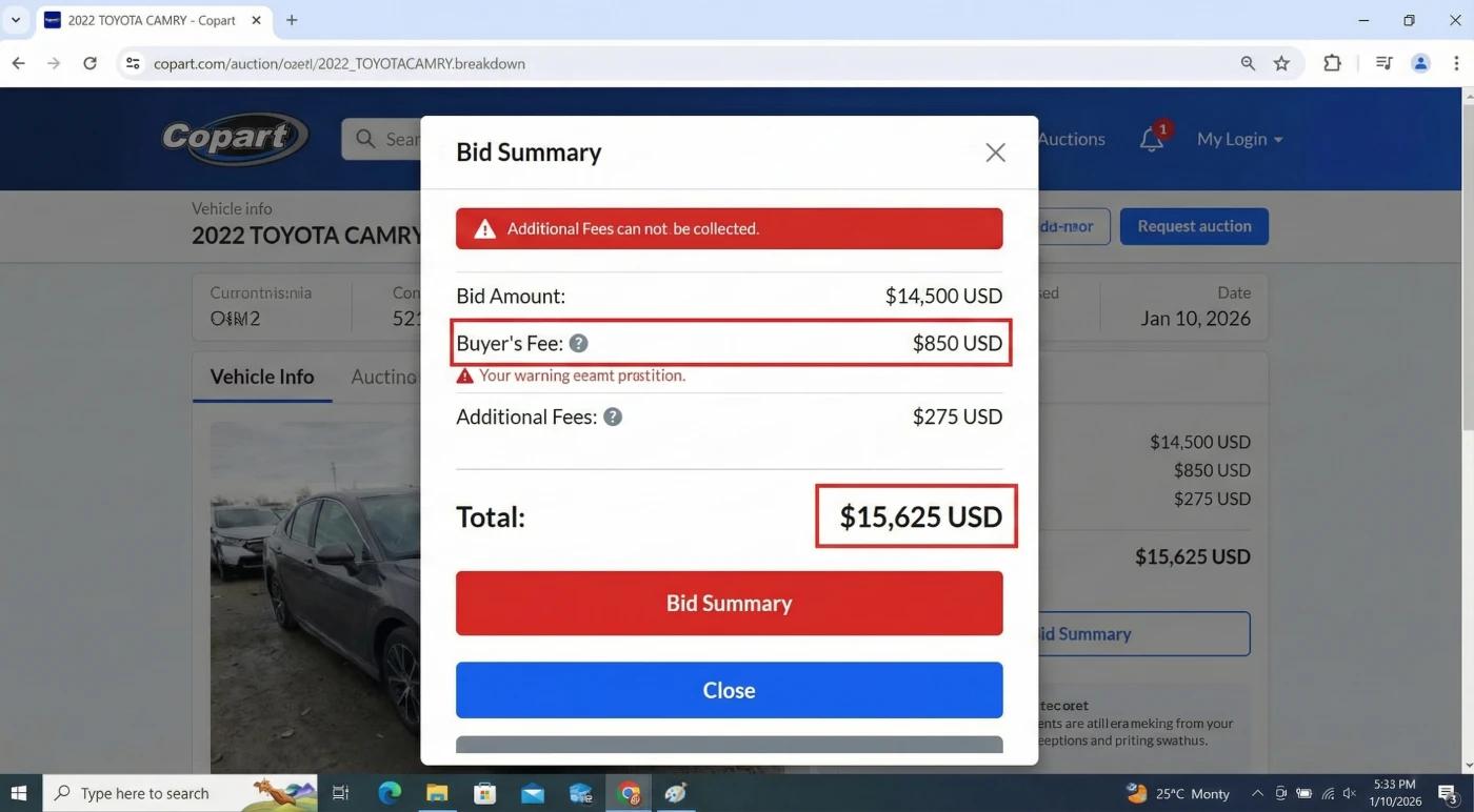 Screenshot z aukcji Copart pokazujący rozbicie kosztów: Buyer's Fee, Title Fee, Gate Fee i Virtual Bid Fee z sumą końcową wyższą niż cena aukcyjna