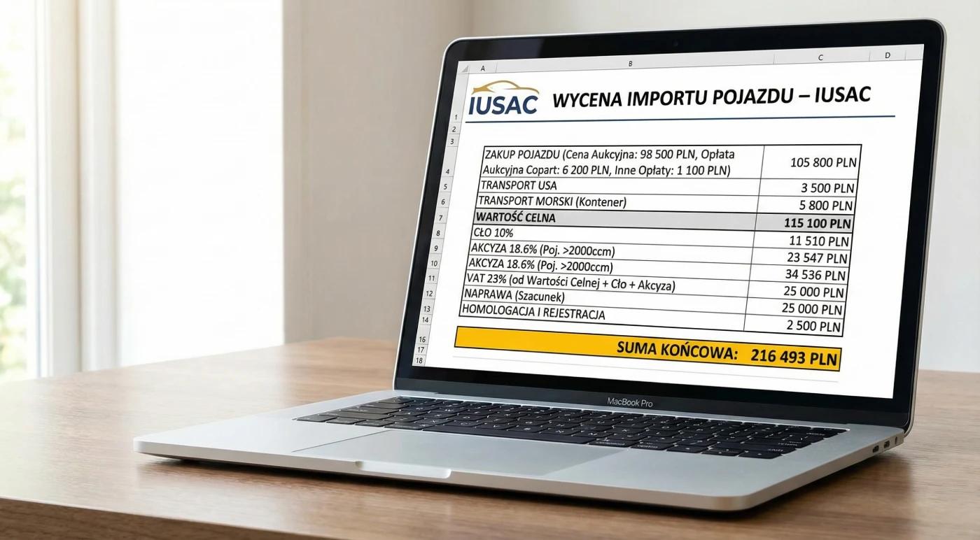 Dokument wyceny IUSAC na ekranie laptopa ze szczegółową tabelą kosztów importu: zakup, transport, cło, akcyza, VAT, naprawa, homologacja z sumą końcową
