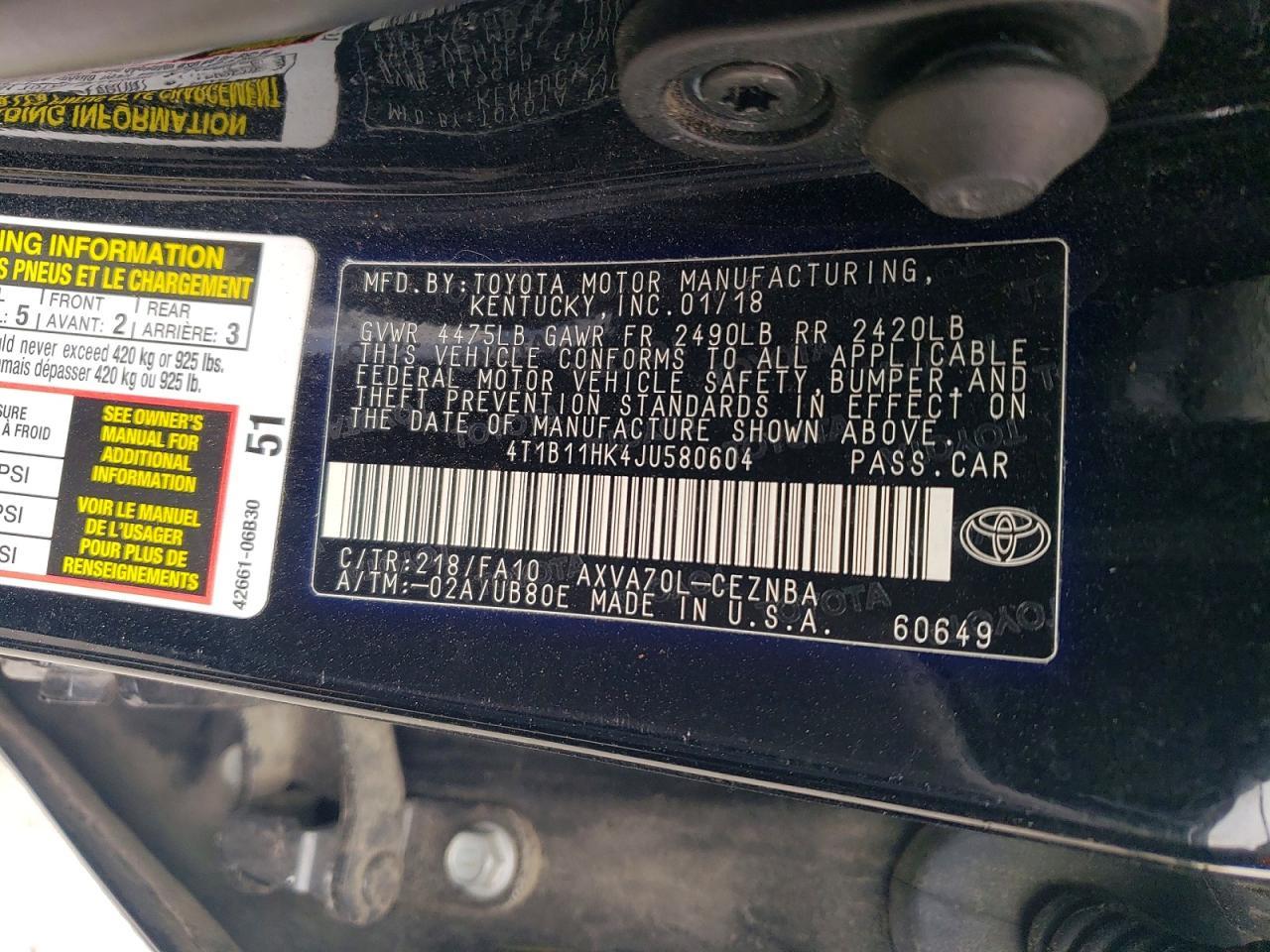 2018 Toyota Camry Le - zdjęcie 12