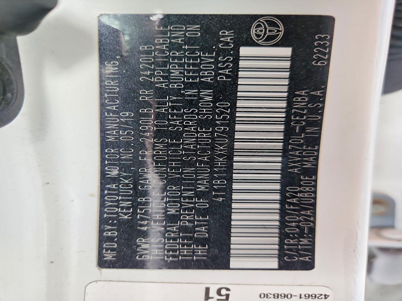 2019 Toyota Camry Le - zdjęcie 12