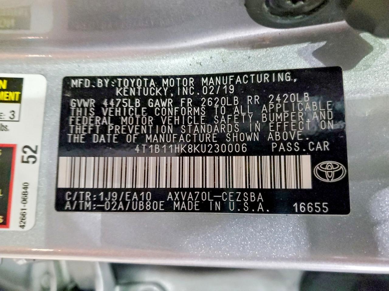 2019 Toyota Camry L - zdjęcie 12