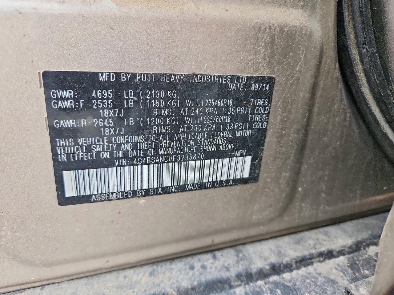 2015 Subaru Outback 2.5I Limited - zdjęcie 14