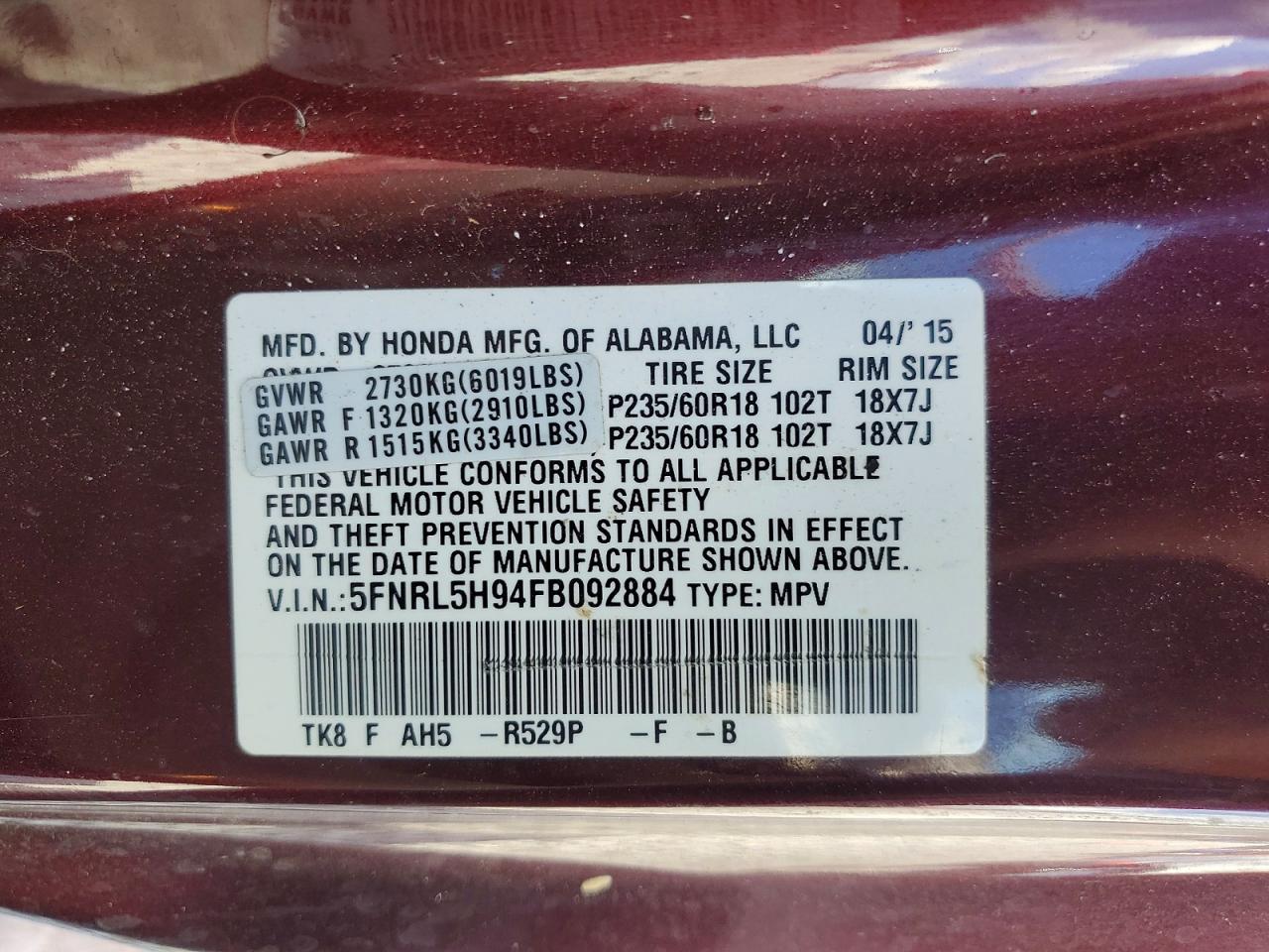 2015 Honda Odyssey Touring - zdjęcie 14