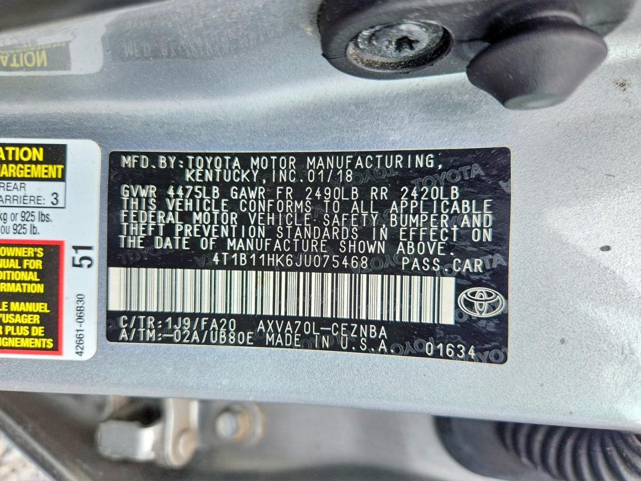 2018 Toyota Camry Le - zdjęcie 12