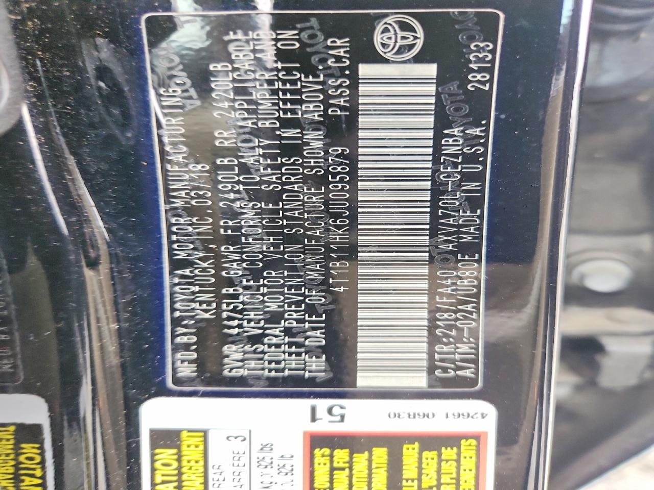 2018 Toyota Camry Le - zdjęcie 12