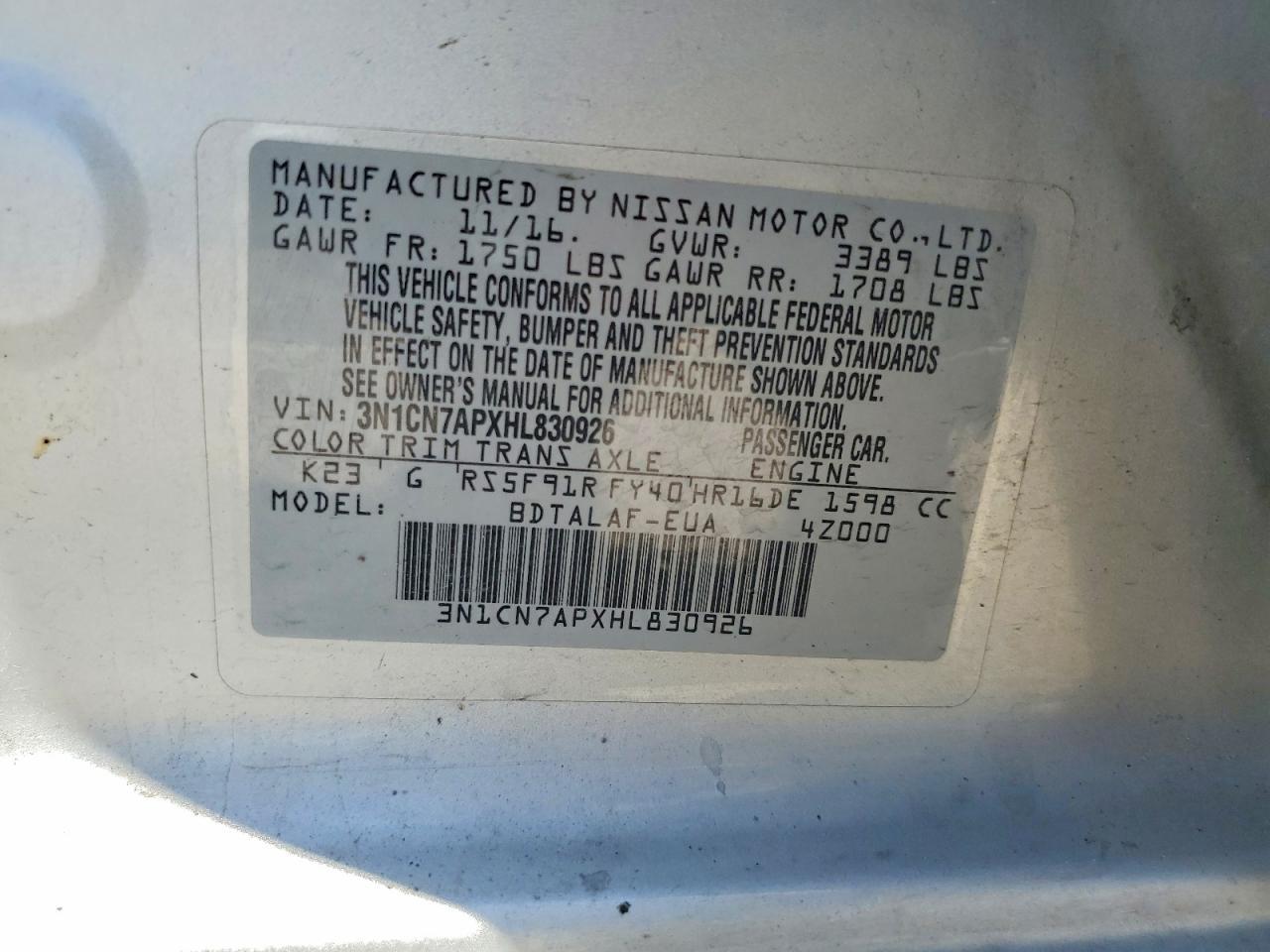 2017 Nissan Versa 1.6 S - zdjęcie 12